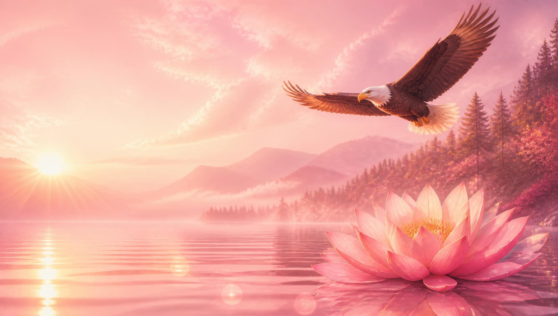 Adler über einem rosafarbenen See mit leuchtender Lotusblüte im Sonnenaufgang
